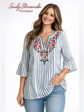 Westport Blue and White Striped Embroidered V-Neck Tunic boho floral/M
